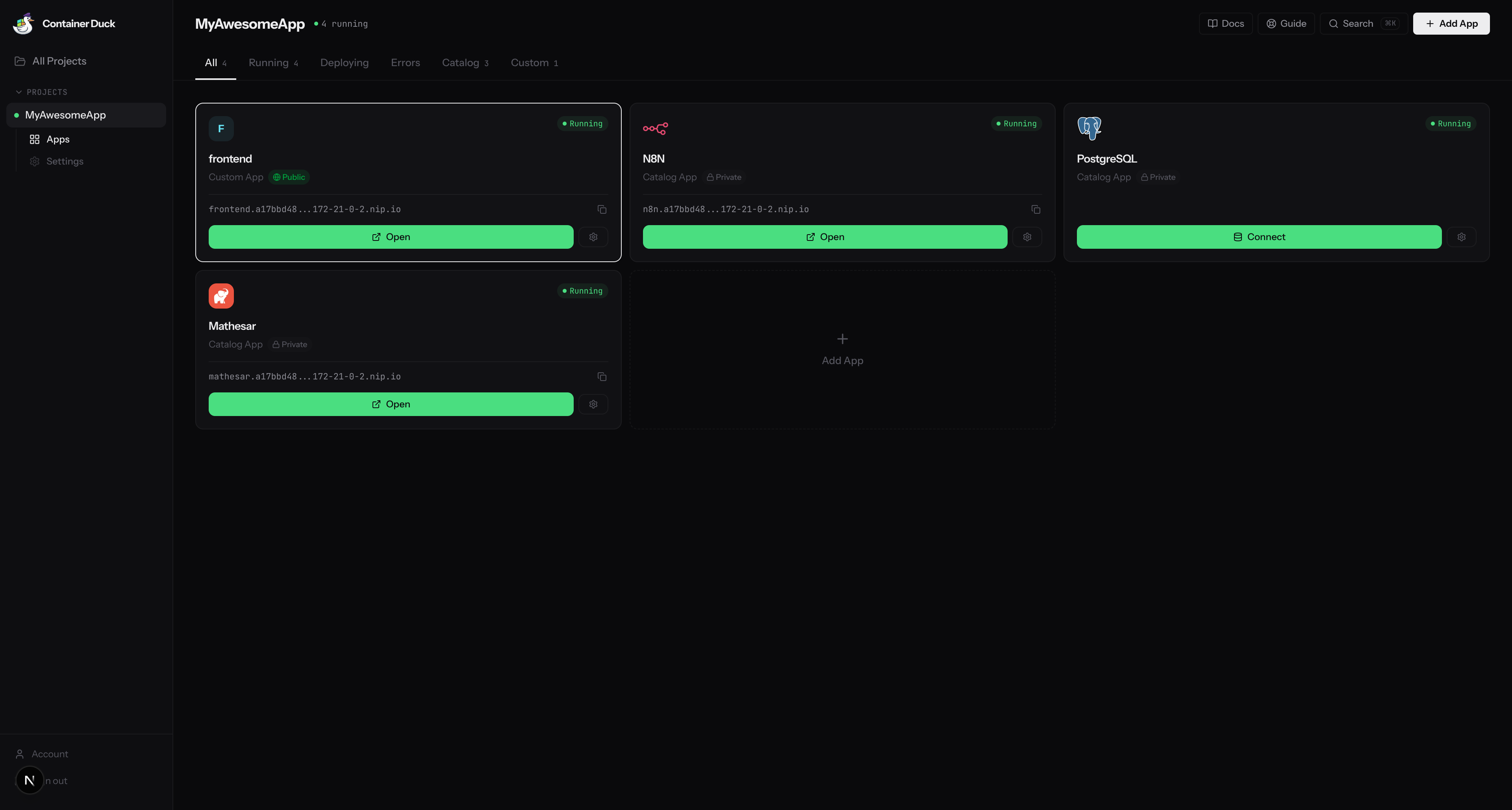 Container Duck dashboard — manage all your apps